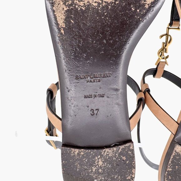 Saint Laurent Cassandra YSL T-Strap Flat Sandals Tan Leather Size 37 US 7 Women - Picture 14 of 15